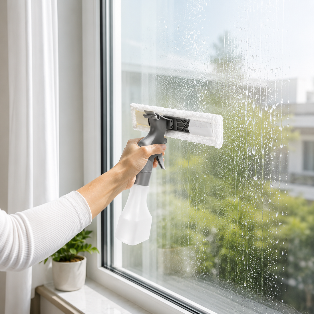 Fenster mit der Sprühflasche und dem Mikrofaseraufsatz vorbereiten